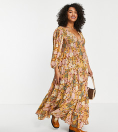 Платье макси горчичного цвета с присборенным запахом, ярусной юбкой и цветочным принтом ASOS DESIGN Curve-Разноцветный