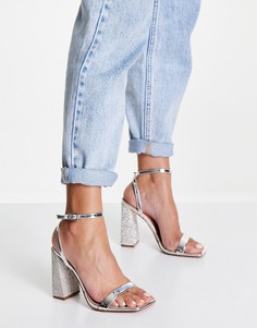 Серебристые босоножки с декоративной отделкой на блочном каблуке ASOS DESIGN Nora-Серебристый