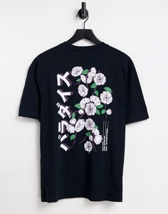 Oversized-футболка темно-серого цвета с принтом цветов и надписью на японском на спине Only & Sons-Серый