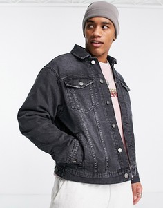 Черная джинсовая куртка свободного кроя на флисовой подкладке River Island-Черный цвет