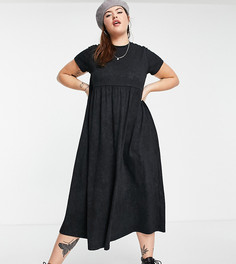 Черное выбеленное платье-футболка мидакси с завязками сзади и присборенной юбкой ASOS DESIGN Curve-Черный цвет