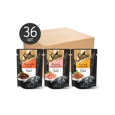 Влажный корм для кошек SHEBA pleasure, три вкуса, ломтики в соусе, 36шт х 85г
