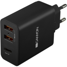 Сетевое зарядное устройство Canyon CNE-CHA08B 2xUSB+USB-C 30W, черное