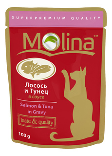 Влажный корм для кошек Molina, с лососем и тунцом в соусе, 100г