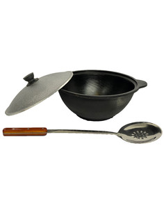 Казан узбекский чугунный 4,5 литра (плоское дно) + Шумовка 42 см Намаган