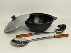 Казан узбекский чугунный 4,5 литра (плоское дно) + Шумовка и Половник 42 см Намаган