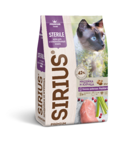 Сухой корм для стерилизованных кошек SIRIUS Sterile, индейка и курица, 1.5кг
