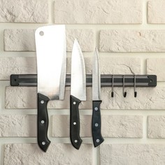 Держатель для ножей магнитный с крючками, черный, 34 х 2,8 х 2 см Вселенная Порядка