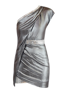 Платье на одно плечо с серебристым напылением и зеркальной отделкой Balmain