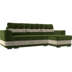 Диван угловой Лига Диванов Честер вельвет зеленый вставка бежевая правый угол.