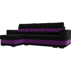 Диван угловой Лига Диванов Честер вельвет черный вставка фиолетовая левый угол.