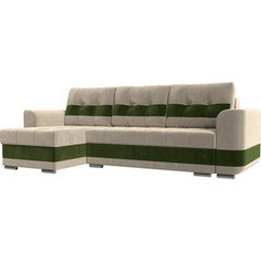 Диван угловой Лига Диванов Честер вельвет бежевый вставка зеленая левый угол.