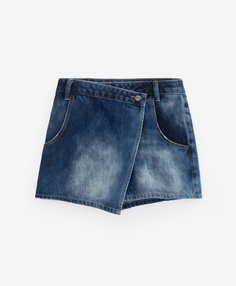 Юбка-шорты из джинсовой ткани с потертостями, заминами и асимметричной линией низа синяя Gulliver