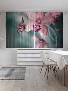 Классические шторы JoyArty "Орхидеи с бабочками", серия Oxford DeLux, 2 полотна 145x180 см