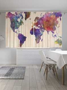 Классические шторы JoyArty "Акварельная карта мира", Oxford DeLux, 2 полотна 145x180 см
