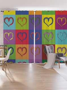 Шторы под лён JoyArty "Разноцветные сердца в клетках", серия Oxford DeLux, 340х265 см