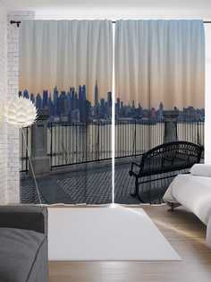 Шторы JoyArty с фотопечатью "Скамейка на рассвете" из сатена, 290х265 см