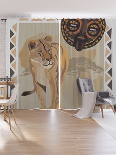 Шторы под лён JoyArty "Африканская маска и лев", серия Oxford DeLux, 340х265 см