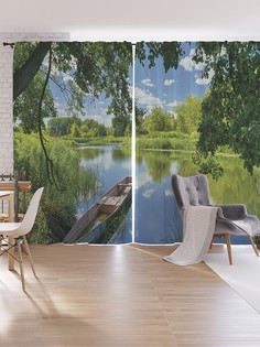 Шторы под лён JoyArty "Загадочная лодка на реке", серия Oxford DeLux, 340х265 см