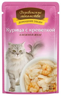 Влажный корм для кошек Деревенские лакомства, с курицей и креветкой в желе, 12шт по 70г