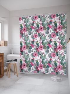 Штора (занавеска) для ванной «Цветущие кактусы» из ткани, 180х200 см с крючками Joy Arty