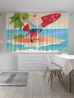 Шторы JoyArty с фотопечатью "Санта на море" из сатена, 290х180 см