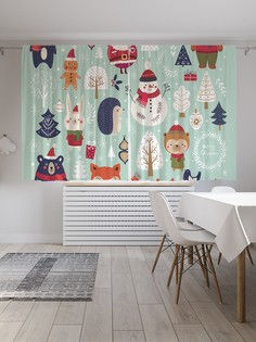 Шторы JoyArty с фотопечатью "Новогодние зверюшки" из сатена, 290х180 см