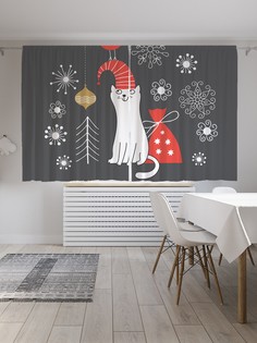 Шторы JoyArty с фотопечатью "Новогодний котик" из сатена, 290х180 см