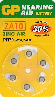 Батарейка для слуховых аппаратов GP ZA10/ воздушно- цинковая/ 1.4В/ 6 штук