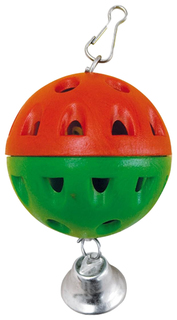 Погремушка для попугаев Зооник Забава №1, с колокольчиком, зеленый, красный, 4х10х14 см