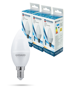 Лампа светодиодная GRISARD ELECTRIC свеча C35 Е14 7Вт 4000К 220В, 3штуки/уп