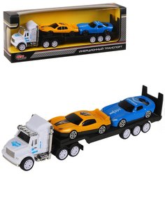Машинка фрикционная AUTODRIVE, автовоз 20см, с транспортом, набор, белый, JB0404464