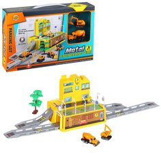 Игровой набор Гараж "Стройка", 2 металлические машинки, желтый, JB0404524. No Brand