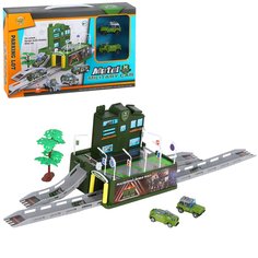 Игровой набор Гараж "Армия", 2 металлические машинки, зеленый, JB0404526. No Brand