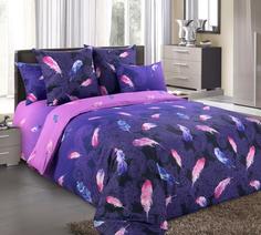 Простыня на резинке, бязь "Всё себе", Перья фиолет, Размер: 120 х 200