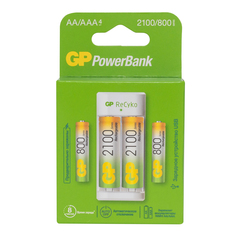 Зарядное устройство + аккумуляторная батарейка GP АА 2100 mAh, 2 шт, ААA 800 mAh, 2 шт