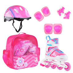 Раздвижные роликовые коньки Alpha Caprice FLORET Wh/Pink/Bl, шлем, защита, сумка S:31-34