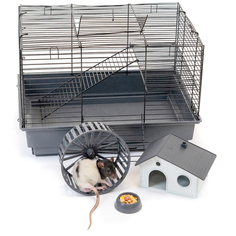 Клетка для грызунов PetTails, шаг прута 10,5мм, 42х30х28см, 1 этаж домик, колесо, серая