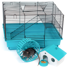 Клетка для грызунов PetTails, шаг прута 10,5мм,42х30х28см, 1 этаж домик, колесо, бирюзовая