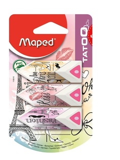 Ластик треуг формы MAPED TATOO, бел с цветной серединой, в карт футл, 3 шт узор Париж,