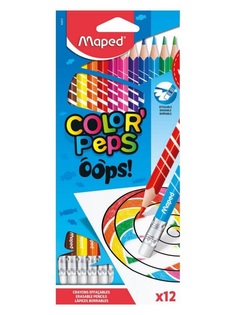 Карандаши цветные с ластиком пластиковые, 12 цветов,картонный футляр MAPED COLORPEPS OOPS