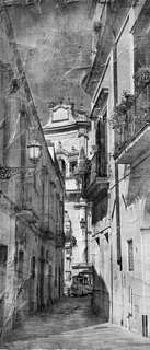 Самоклеющиеся фотообои "Старая улочка Италии, фреска", 90x210 см, эффект черно-белый, Фотообои.РФ