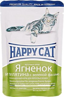 Влажный корм для кошек Happy Cat, ягненок, телятина и зеленая фасоль 100г