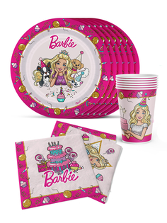 Набор бумажной посуды PrioritY Barbie, 6 тарелок, 6 стаканов, салфетки 12 шт 33х33