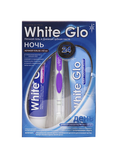 Дневная зубная паста White Glo 100 г ночной гель 85 г + зубная щетка flosser фиолетовый