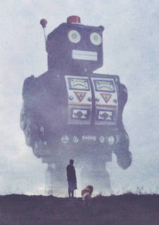 Большой постер на стену "BEWARE OF GIANT ROBOTS" 60х90 см без рамы Юрий Шведов