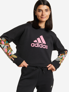 Свитшот женский adidas Farm Print Loose Cropped Logo, Черный, размер 52-54