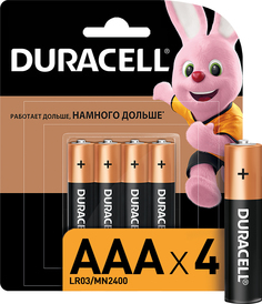 Батарейки щелочные Duracell ААА, 4 шт., Черный, размер Без размера