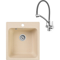 Кухонная мойка и смеситель GranFest Quarz GF-Z17, Lemark Comfort LM3071C-Gray с сифоном, бежевая