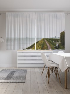 Шторы JoyArty с фотопечатью "Скамейка на побережье" из сатена, 290х180 см